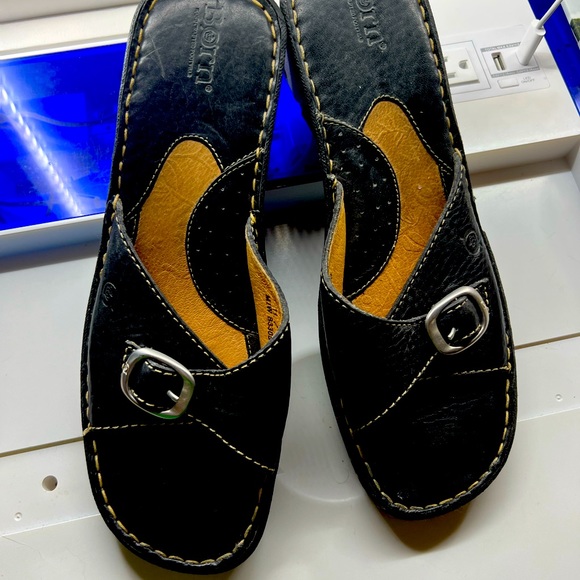Born Black leather wedge slides. Size 11M.  Worn 1x. - Picture 1 of 4